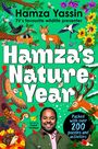 „Hamza Yassin, TV’s favourite wildlife presenter. Hamza's Nature Year. Packed with over 200 puzzles and activities.“ Illustration mit Tieren und Natur.