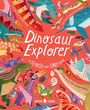 „Dinosaur Explorer: A Search-and-Find Book“. Illustration mit bunten Dinosauriern und Eiern auf rotem Hintergrund.