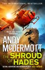 Titel: "THE SHROUD OF HADES". Ein Helikopter schwebt, zwei Personen seilen sich an einer felsigen Klippe ab. Opulente Farben.