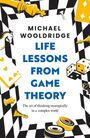„Michael Wooldridge: Life Lessons from Game Theory. The art of thinking strategically in a complex world.“ Schachbrett-Muster, Spielkarten und Würfel.