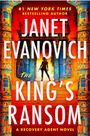 Text: "JANET EVANOVICH, THE KING'S RANSOM, A Recovery Agent Novel." Bunte, antike Säulen und Silhouette einer Frau.