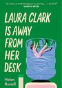 "Laura Clark is away from her desk. Helen Russell." Eine Frau in rosa Anzug fällt in einen überdimensionalen Wasserspender.
