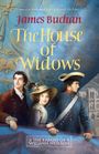 "James Buchan, The House of Widows" steht in gelber und roter Schrift. Illustration: Drei Personen in historischen Kleidern.