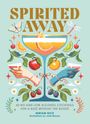 „Spirited Away“ oben. Zwei Hände halten Cocktails, umgeben von Früchten, Schmetterlingen und Blumen. Illustrative Gestaltung.