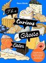 Text: "The Curious Cheese Eater. Tasting notes, recipes and the secrets behind the perfect cheeseboard." Illustration mit verschiedenen Käsesorten, Trauben, Honig und einer Feige.