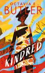Titel: "KINDRED" von Octavia E. Butler. Eine stilisierte, moderne Illustration einer Frau in einem bunten Kleid mit dynamischem Hintergrund.