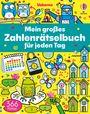 "Mein großes Zahlenrätselbuch für jeden Tag" - Bunte Illustrationen mit Eulen, einem Roboter, Schmetterlingen und Zahlen.