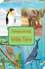 „Schnapp und weg! Das superschnelle Kartenspiel Wilde Tiere.“ Illustrationen von Pinguin, Elefant, Affen und Wal.