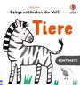 "Babys entdecken die Welt. Tiere. Kontraste." Illustration eines lächelnden Zebras auf weißem Hintergrund mit buntem Logo.
