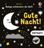 Text: "Babys entdecken die Welt", "Gute Nacht!", "KONTRASTE". Illustration: Lächelnder Mond, Sterne, Eule, Wolken.