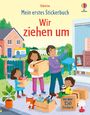 "Mein erstes Stickerbuch: Wir ziehen um; mit über 150 Stickern." Eine Familie mit Umzugskartons, ein Haus im Hintergrund.