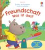 Text: "Freundschaft Was ist das? mit über 35 Klappen." Illustration: Nashorn auf Wippe, Krokodil und Elefant auf Fahrrad.