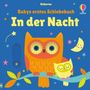 Text: "Usborne Babys erstes Schiebebuch In der Nacht." Illustration von zwei bunten Eulen auf einem Ast, umgeben von Sternen und einem Mond.