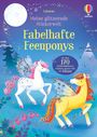 Text: "Meine glitzernde Stickerwelt: Fabelhafte Feenponys." Zwei bunte, fantasievolle Ponys mit Flügeln vor einem blauen Hintergrund.