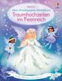 Titel: "Traumhochzeiten im Feenreich". Drei Feen in glitzernden Kleidern, umgeben von Blumen und Schmetterlingen.