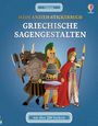 „Mein Anzieh-Stickerbuch: Griechische Sagengestalten“ mit Figuren wie Minotaurus und zwei Krieger in Rüstung.