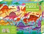 Text: "Puzzle & Buch Dinosaurier, enthält ein Wimmelbuch und ein Puzzle mit 300 Teilen." Illustration: Bunte Dinosaurier und Krabben.