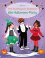 Titel: "Mein Anziehpuppen-Stickerbuch: Die Halloween-Party". Drei Kinder in Kostümen vor lilafarbenem Hintergrund.