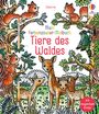 "Mein Farbenzauber-Malbuch: Tiere des Waldes". Illustration: Tiere im Wald, Eichhörnchen und Rehe, bunte Blätter, Pinsel.