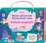 "Meine glitzernde Stickerwelt mini. Einfach magisch! enthält 4 Bücher mit über 800 Stickern." Illustration mit Einhörnern und Feen.