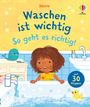 Cover eines Kinderbuchs. "Waschen ist wichtig. So geht es richtig!" Ein Kind am Badewannenrand, gelbe Ente im Wasser.
