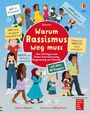 „Warum Rassismus weg muss“ in rotem Kreis. Kinder diverser Ethnien tragen Schilder mit Fragen zu Rassismus und Vielfalt.