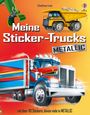 "Meine Sticker-Trucks METALLIC" steht auf einem orangefarbenen Hintergrund mit bunten Trucks und einem Kran-Arm.