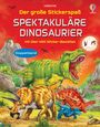 Text: "Der große Stickerspaß: Spektakuläre Dinosaurier, mit über 400 Sticker-Bauteilen, Doppelband". Illustration: Verschiedene Dinosaurier in einer lebendigen Landschaft mit rotem Himmel und fliegenden Dinosauriern.