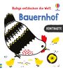 "Babys entdecken die Welt", "Bauernhof", "KONTRASTE". Eine stilisierte Henne mit Küken, farblich kontrastreich gestaltet.