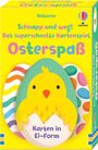 "Osterspaß", "Karten in Ei-Form". Gelber Hintergrund mit Küken, Regenbogenmuster und Usborne-Logo.