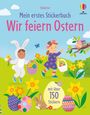 Text: "Usborne", "Mein erstes Stickerbuch", "Wir feiern Ostern", "mit über 150 Stickern". 

Illustration: Kinder im Frühlingsgarten mit Ostereiern und Blumen.