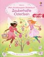 „Mein Anziehpuppen-Stickerbuch: Zauberhafte Osterfeen“. Zwei Feen dekorieren einen Baum mit Ostereiern. Viel Glitzer.