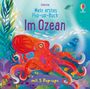 Text: "Mein erstes Pop-up-Buch Im Ozean mit 5 Pop-ups". Illustration zeigt einen Ozean mit einem roten Oktopus und bunten Fischen.