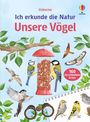 "Ich erkunde die Natur: Unsere Vögel. 160 verschiedene Arten." Illustration von Vögeln um einen Futterspender.