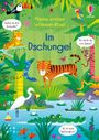 Auf grünem Hintergrund: "Meine ersten Wimmelrätsel". "Im Dschungel". Illustrationen von Tieren im Dschungel.