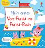 Text: "Mein erstes Von-Punkt-zu-Punkt-Buch", "Zahlenraum von 1 bis 5". Illustration: Hasen auf einem gelben Boot im Meer.