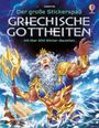 "Der große Stickerspaß: Griechische Gottheiten, mit über 200 Sticker-Bauteilen." Illustration von einem mächtigen Gott im Meer.