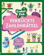 Text: "Knobel-Klub", "Verrückte Zahlenrätsel", "Trainiere dein Gehirn!", "Alle Grundrechenarten + Bruchrechnungen". Illustration mit bunten, verspielten Figuren, Pflanzen und Zahlen.