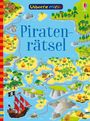 "Piratenrätsel" in blauer Schrift. Farbenfrohe Schatzkarte mit Piratenschiff, verschiedenen Inseln und einem Weg aus roten Punkten.