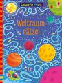 "Weltraumrätsel"; bunte Illustration mit Planeten, Sternen, Raketen und einem kleinen Astronauten im Raumschiff.