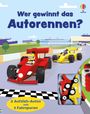 "Wer gewinnt das Autorennen?" Zwei Aufzieh-Autos und drei Fahrspuren. Illustration mit Rennwagen auf einer Strecke.