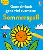 Text: "Ganz einfach ganz viel ausmalen. Sommerspaß." Illustration einer fröhlichen Sonnenblume, einer Biene und Wolken.
