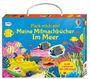 „Pack mich ein! Meine Mitmachbücher Im Meer“ steht in gelber Schrift auf blauem Hintergrund mit bunten Fischen und Korallen.