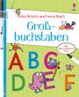 Ein wisch- und weg-Buch über Großbuchstaben mit abwischbarem Stift. Bunte Buchstaben mit lustigen Figuren.