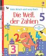 Der Text „Die Welt der Zahlen“, bunte Zahlfiguren, ein freundlicher Dinosaurier mit Stift, farbenfrohe Gebäude und Fahrzeuge.