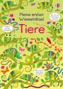 "Meine ersten Wimmelrätsel: Tiere." Bunte Chamäleons, Schlangen, Insekten und eine Schildkröte auf gelbem Hintergrund.