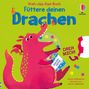 Ein roter Drache frisst bunte Kugeln aus einer Tüte, auf der "DRACHEN-HAPPEN" steht. Oben steht "Füttere deinen Drachen".