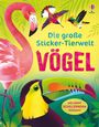 „Die große Sticker-Tierwelt VÖGEL“ steht bunt auf einem tropischen Hintergrund. Abgebildet sind ein Flamingo und ein Tukan.