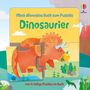 "Mein allererstes Buch zum Puzzeln: Dinosaurier" und "vier 4-teilige Puzzles im Buch" sind die Texte. Kunstvolle Illustration.