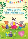 "Oma Dachs feiert Geburtstag. Eine Geschichte über Liebe und Freundschaft." Illustration mit Waldtieren auf einer Wiese.